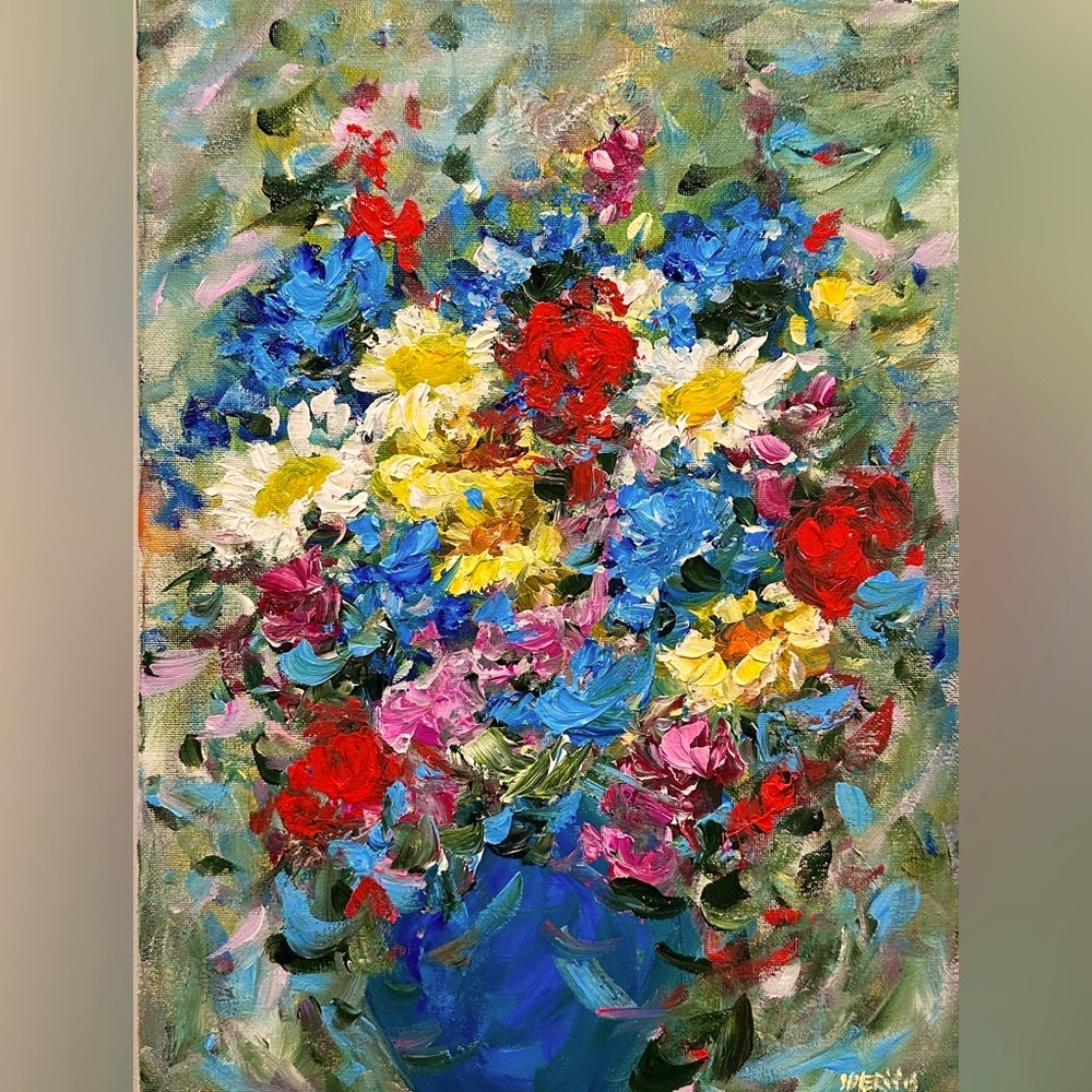ORIGINAL ACRYLIC FLORAL TEXTURED PAINTING SIZE 16 H x 12 W inch canvas